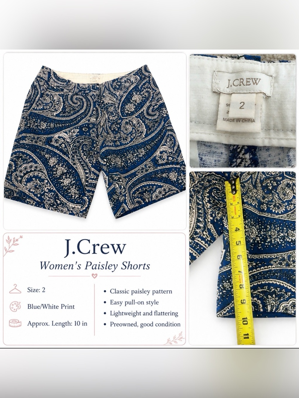 J. Crew Blue and White Paisley Pull-On Shorts